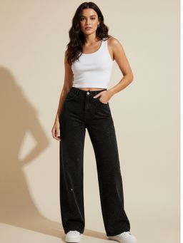 Outzidr - Black All Over Studded Wide Leg Denim Jeans
