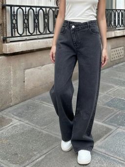Outzidr - Black Asymmetric Waist Band Denim Jeans