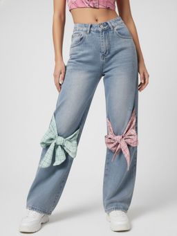 Outzidr - Blue 2 Contrast Bows Wide Leg Denim Jeans