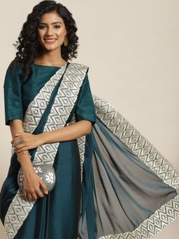 Odette - Women Teal Poly Silk Embellished Saree with Unstitched Blouse