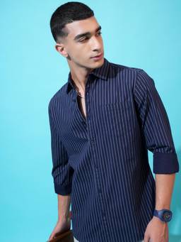 HIGHLANDER - Men Navy Blue Stripes Casual Shirt