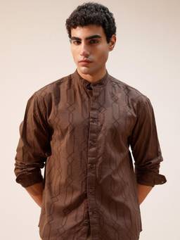 HIGHLANDER - Men Brown Jacquard Textured Mandarin Collar Relaxed Fit Shirt