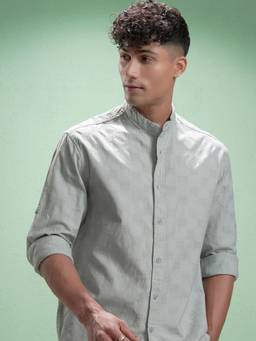 HIGHLANDER - Men Grey Jacquard Self Design Half Placket Shirt