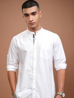 HIGHLANDER - Men White Solid Slim Fit Mandarin Neck Casual Shirt