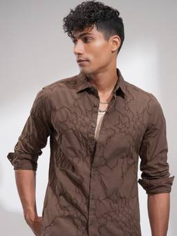 HIGHLANDER - Men Brown Slim Fit Spread Collar Textured Cotton Casual Shirt