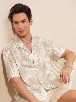 HIGHLANDER - Men Khaki Tropical Print Cuban Collar Shirt