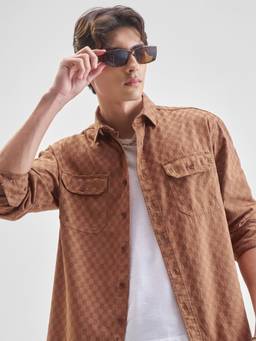 HIGHLANDER - Men Brown Dobby Textured Casual Shirt