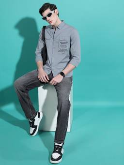 HIGHLANDER - Slim Fit Typography Printed Spread Collar Cotton Casual Shirt