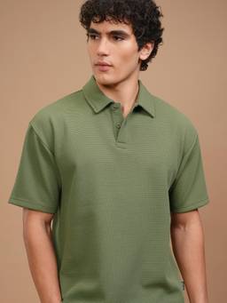 HIGHLANDER - Olive Polyester Blend Collar Neck Relaxed Polo T-Shirt