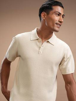HIGHLANDER - Beige Self Design Knitted Polo Collar T-Shirt