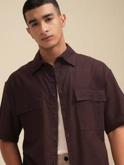 HIGHLANDER - Men's Brown Collar Neck Half Sleeves Oversized Solid/Plain Shirt