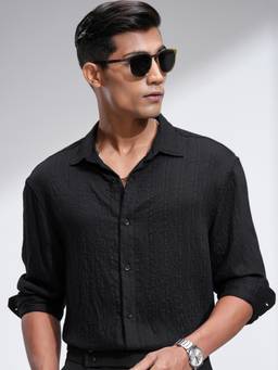 HIGHLANDER - Men's Black Collar Neck Full Sleeves Relaxed Textured Shirt
