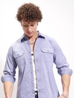 HIGHLANDER - Men's Lavender Collar Neck Full Sleeves Slim Textured Shirt
