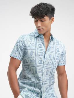 HIGHLANDER - Men's Blue Collar Neck Half Sleeves Slim Printed Shirt