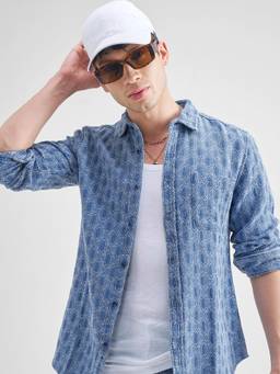 HIGHLANDER - Men's Blue Collar Neck Full Sleeves Slim Textured Shirt