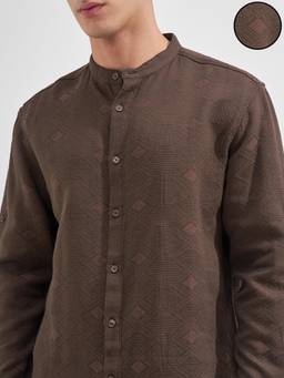 HIGHLANDER - Men's Brown Mandarin Neck Full Sleeves Relaxed Textured Shirt