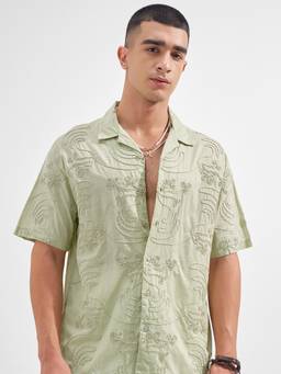 HIGHLANDER - Men Green Cotton Relaxed Fit Shirt
