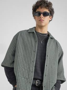 HIGHLANDER - Men Green Polyester Blend Boxy Fit Shirt