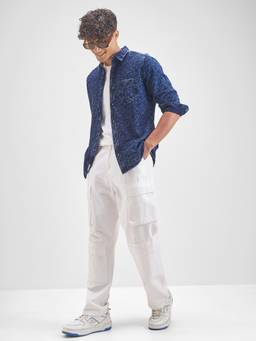 HIGHLANDER - Men Navy Blue Jacquard Slim Fit Shirt