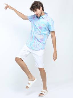 LOCOMOTIVE - Mens Powder Blue Printed Casual Slim Fit Shirt