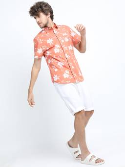 LOCOMOTIVE - Mens Peach Floral Casual Slim Fit Shirt