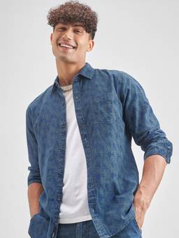 LOCOMOTIVE - Premium Men Blue Dobby Textured Cuban Collar Relaxed Shirt