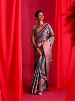 Beatitude - Grey Woven Banarasi Saree with Unstitched Blouse