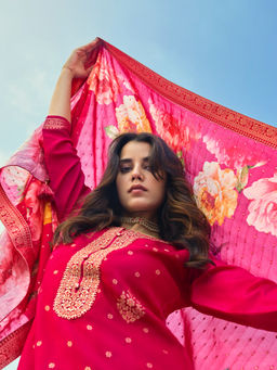 Libas - Pink Floral Kurta with Pant and Dupatta (Set of 3)