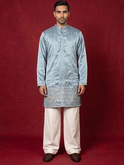 Jompers - Blue Men's Silk Blend Embroidered Kurta with Korean Pants