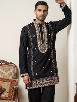 Jompers - Black Men's Cotton Blend Embroidered Kurta