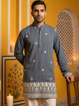 Jompers - Grey Men's Japanese Fabric Embroidered Kurta