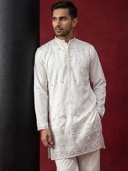 Jompers - White Men's Silk Blend Embroidered Kurta
