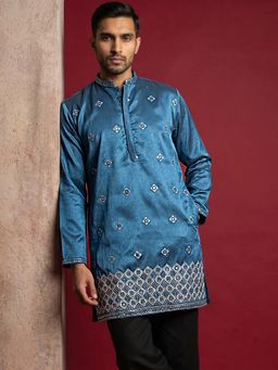 Jompers - Silk Blend Blue Embroidered Mens Kurta