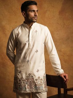Jompers - Mens Cream Silk Blend Embroidered Kurta
