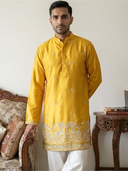 Jompers - Mustard Silk Blend Embroidered Mens Kurta