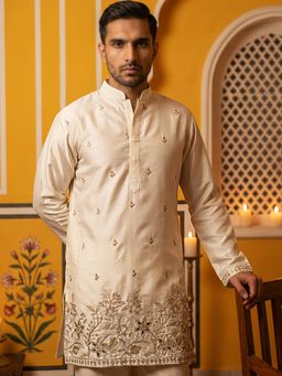 Jompers - Cream Silk Blend Embroidered Mens Kurta