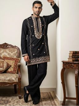 Jompers - Black Men's Cotton Blend Embroidered Kurta with Korean Pants