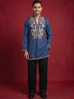 Jompers - Blue Men's Japanese Fabric Embroidered Kurta with Korean Pants
