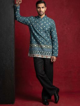 Jompers - Teal Men's Cotton Blend Printed Kurta with Korean Pants