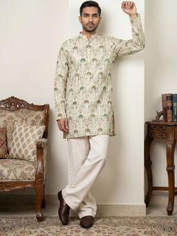 Jompers - Cream Silk Blend Foil Print Kurta and Korean Pants