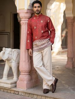 Jompers - Red Men's Cotton Blend Printed Kurta with Korean Pants
