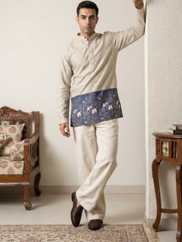 Jompers - Beige Men's Cotton Blend Printed Kurta with Korean Pants