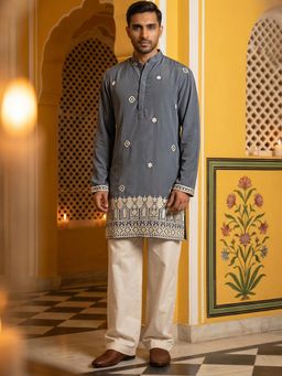 Jompers - Grey Men's Japanese Fabric Embroidered Kurta with Korean Pants