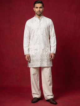 Jompers - White Men's Silk Blend Embroidered Kurta with Korean Pants