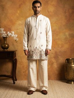 Jompers - Silk Blend Cream Embroidered Kurta and Korean Pants