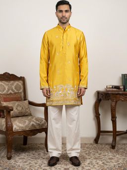 Jompers - Mustard Silk Blend Embroidered Kurta and Korean Pants