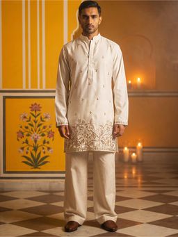 Jompers - Cream Silk Blend Embroidered Kurta and Korean Pants