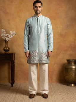 Jompers - Silk Blend Blue Embroidered Kurta and Korean Pants