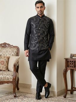 Jompers - Black Men's Designer Sequins Kurta with Pyjama and Nehru Jacket