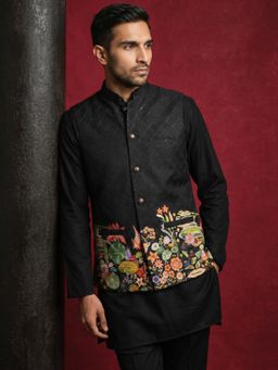 Jompers - Black Floral Printed Silk Blend Kurta with Pyjama and Nehru Jacket